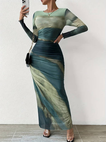 Women's Maxi Dress - Long Sleeve - High Neck - Fitted Ruched Elegant Evening Wear