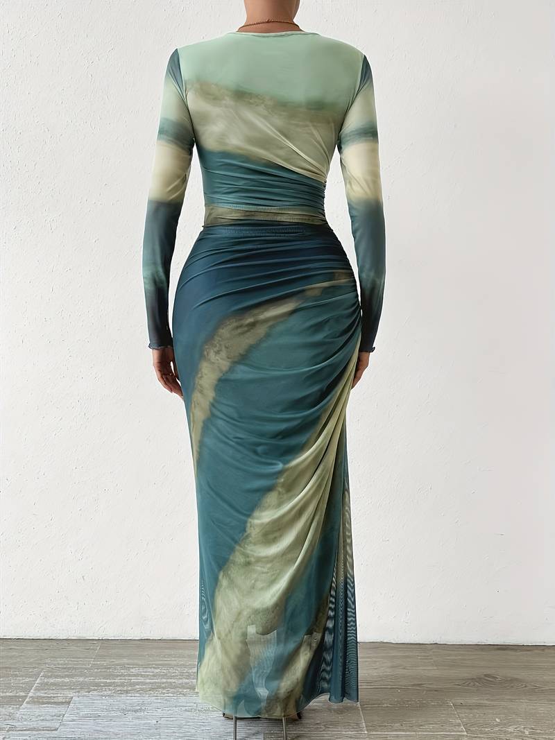 Women's Maxi Dress - Long Sleeve - High Neck - Fitted Ruched Elegant Evening Wear