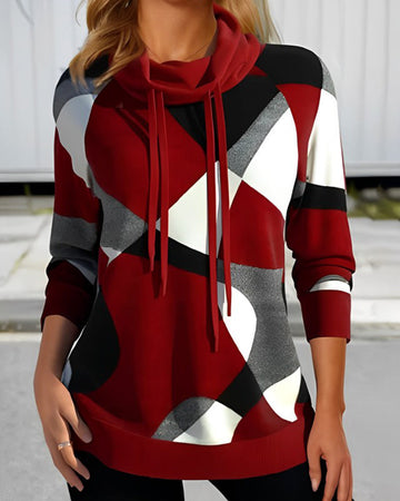 Women’s Hooded Pullover – Relaxed Fit – Soft Knit – Long Sleeve – Geometric Print