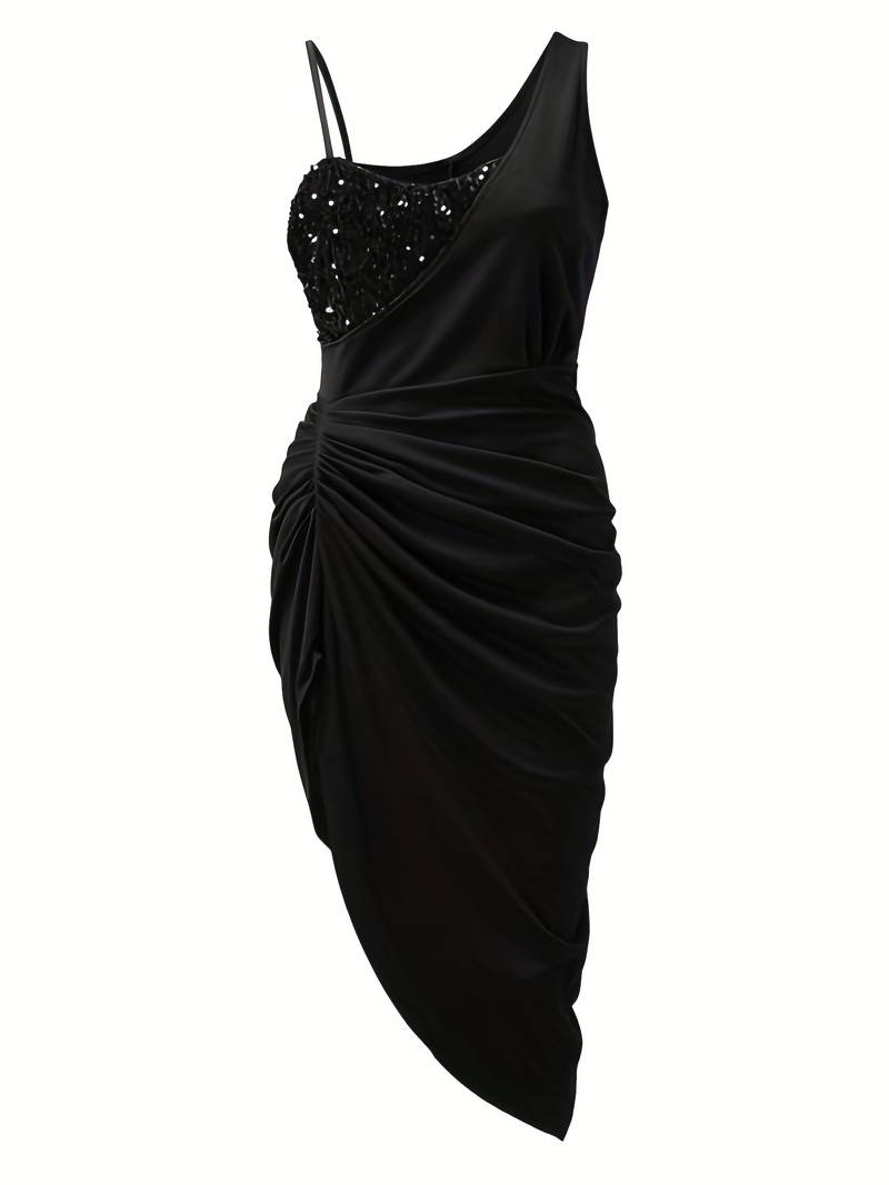 Women's Evening Dress - Sleeveless Sequin Bodice - Asymmetrical Neckline - High Slit Draped Skirt