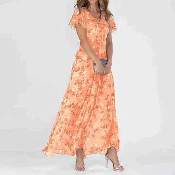Women's Maxi Dress - Floral Print - V-Neck - Short Flutter Sleeves - Flowy Elegant Fit