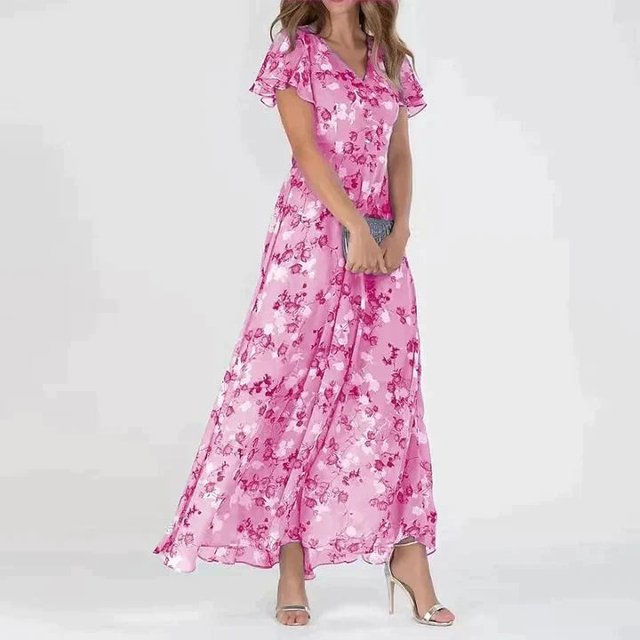 Women's Maxi Dress - Floral Print - V-Neck - Short Flutter Sleeves - Flowy Elegant Fit