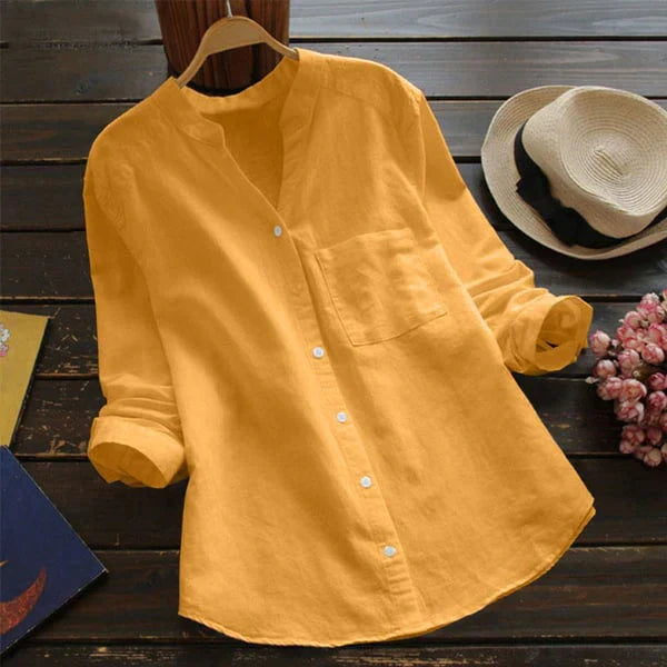 Women’s Blouse – Linen Cotton Blend – Relaxed Fit – Mandarin Collar – Button Front