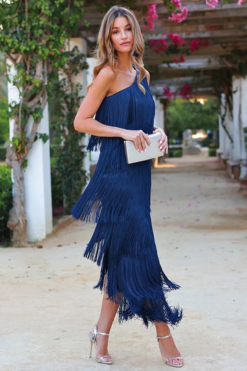 Women's Fringe Dress - One-Shoulder Asymmetric Design - Layered Detailing - Elegant Evening Wear