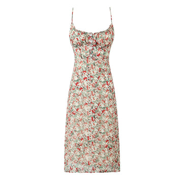 Women's Midi Dress - Floral Print - Sweetheart Neckline - Spaghetti Straps - Lightweight Breathable Fabric