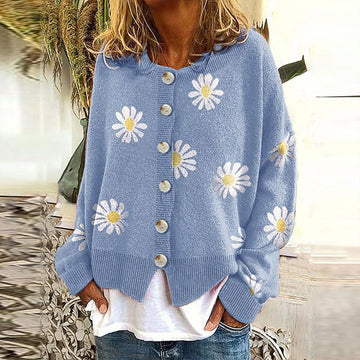 Women's Cardigan - Knitted Button-Up - Relaxed Fit - Floral Pattern - Long Sleeve