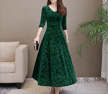 Women's A-Line Dress - V-Neck - Three-Quarter Sleeves - Floral Textured - Elegant Maxi Length