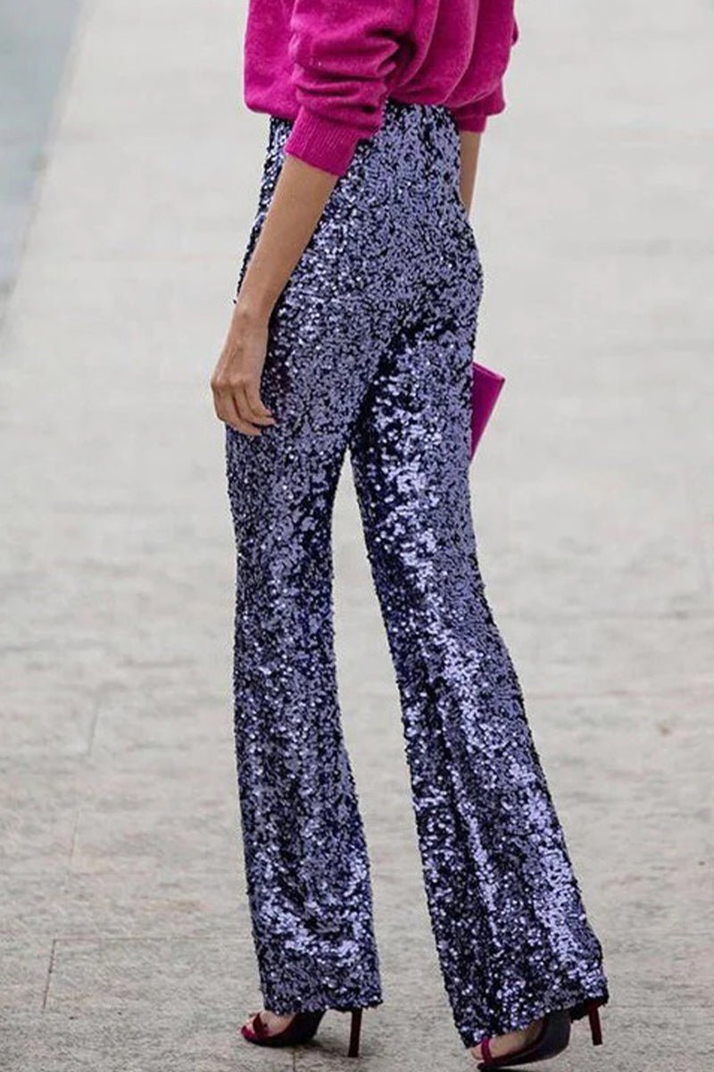 Women’s Sequin Trousers – High Waisted – Flared Leg – Elastic Waist – Evening Wear