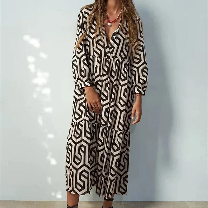 Women's Midi Dress - Geometric Print - Relaxed Fit - Three-Quarter Sleeve - Tiered Design