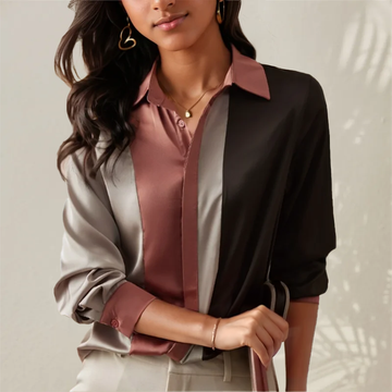 Women's Satin Blouse - Color Block Design - Long Sleeve - Collared Neckline - Elegant & Versatile