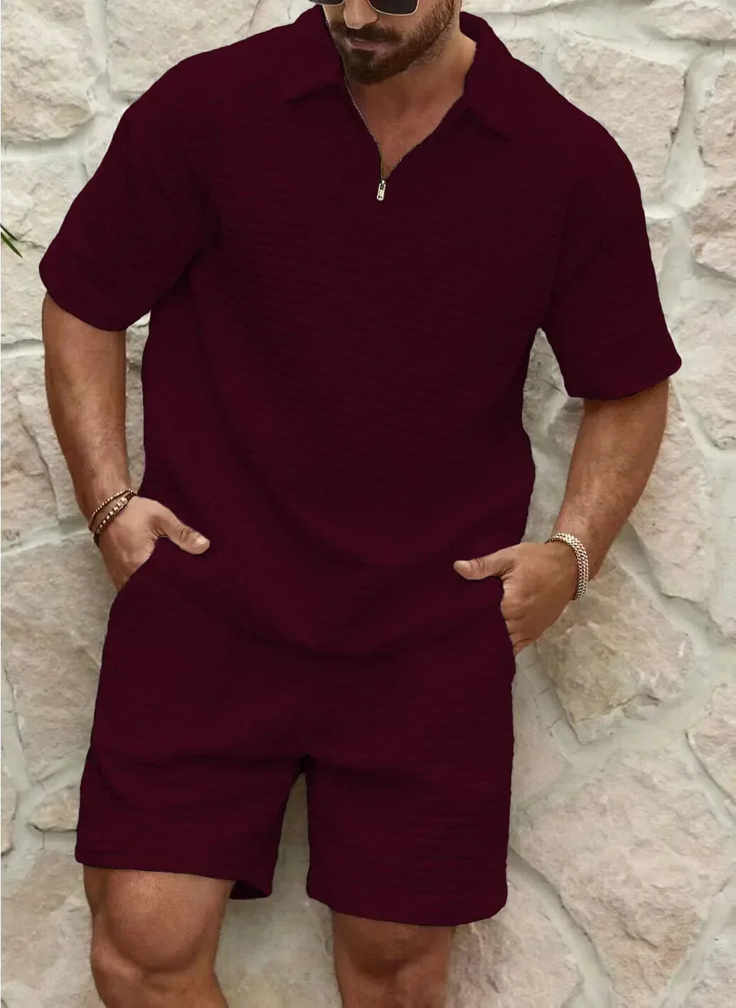 Men’s Short Set – Relaxed Fit – Quilted Texture – Half Zip Top – Elastic Waistband