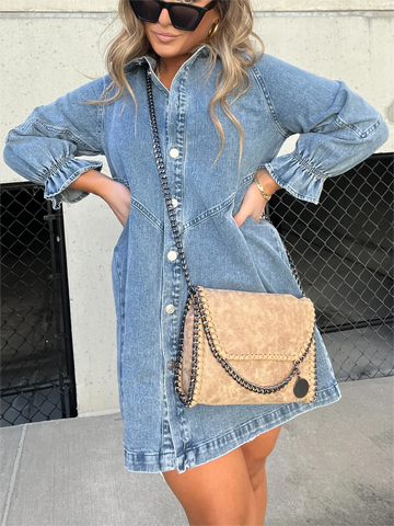 Women’s Denim Dress – Puff Sleeves – Button Down – Relaxed Fit – Mini Shirt Style