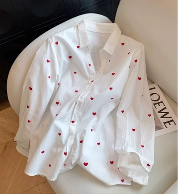Printed Cotton Heart Blouse for Women – Casual Loose Long Sleeve Spring Shirt