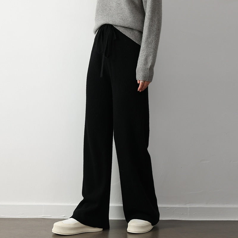 Women’s Knit Pants – Relaxed Fit – Wide Leg – Elastic Drawstring Waist – Ribbed Texture