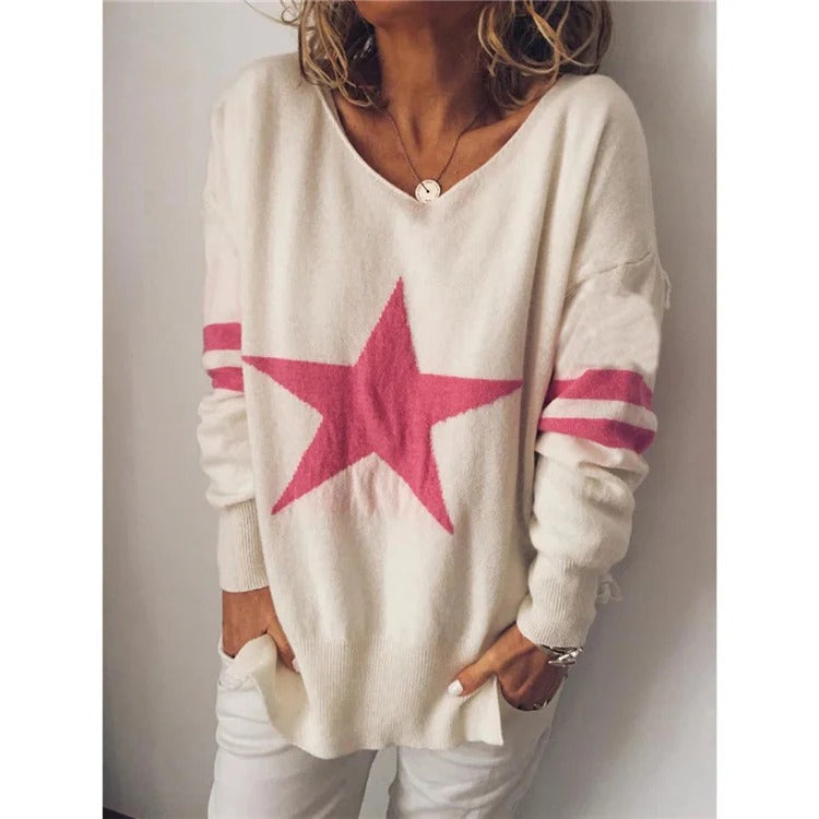 Women’s Sweater – Relaxed Fit – Soft Knit – Star Front – Striped Sleeves – Round Neck