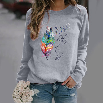 Women’s Sweatshirt – Relaxed Fit – Feather Print – Cotton Feel – Crew Neck – Long Sleeve