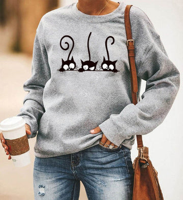 Women’s Sweatshirt – Oversized Fit – Cotton Blend – Crewneck – Cat Graphic Print