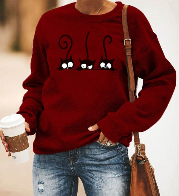 Women’s Sweatshirt – Oversized Fit – Cotton Blend – Crewneck – Cat Graphic Print