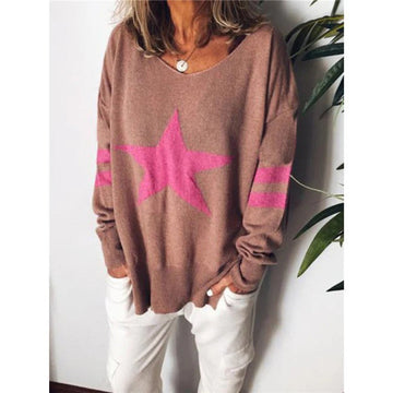 Women’s Sweater – Relaxed Fit – Soft Knit – Star Front – Striped Sleeves – Round Neck
