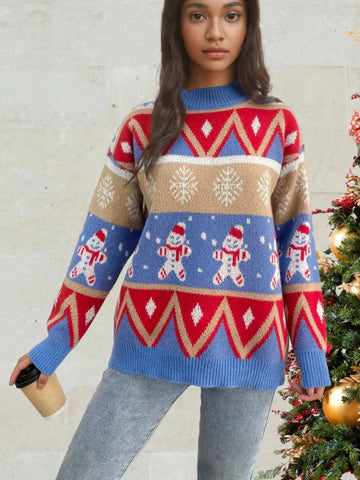 Women’s Knit Sweater – Relaxed Fit – Wool Blend – Crew Neck – Festive Pattern