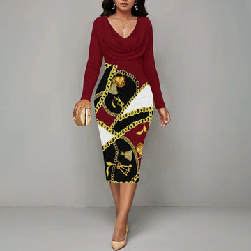 Women’s Midi Dress – Fitted Silhouette – Wrap Neckline – Long Sleeve – Chain Print