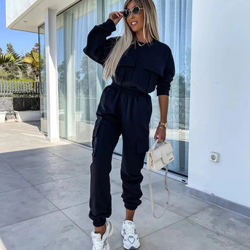 Women’s Two-Piece Set – Relaxed Fit – Cotton Blend – Crew Neck Top – Cargo Jogger Pants