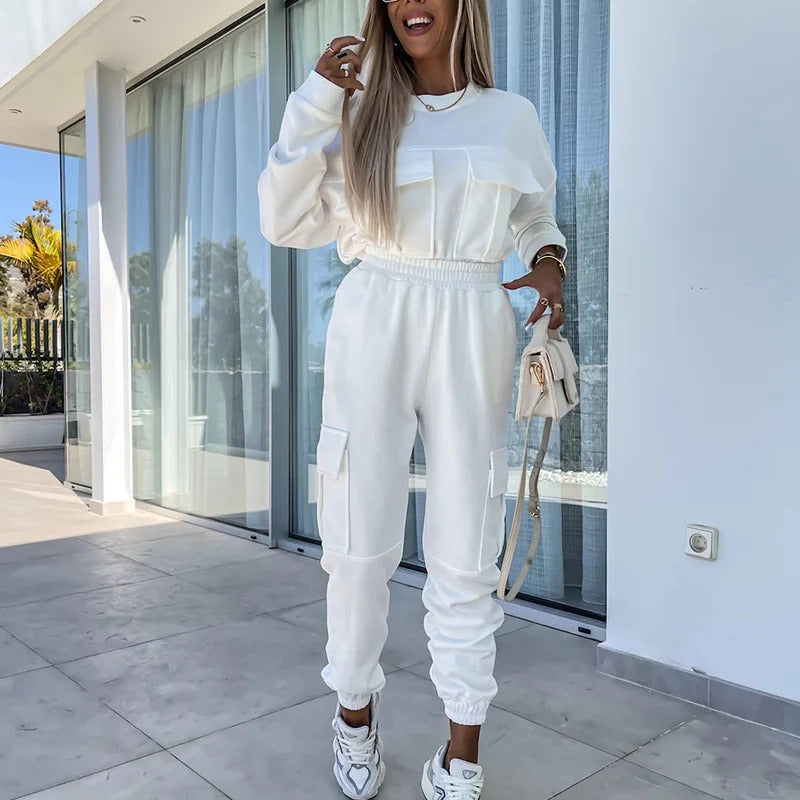 Women’s Two-Piece Set – Relaxed Fit – Cotton Blend – Crew Neck Top – Cargo Jogger Pants