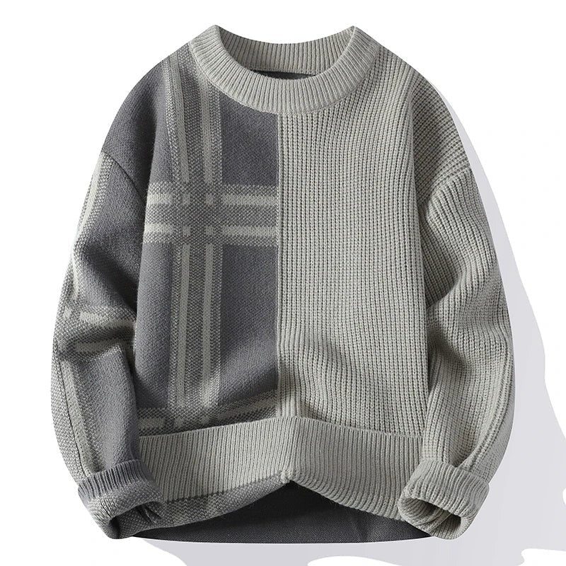 Men’s Crew Neck Sweater – Relaxed Fit – Patchwork Knit – Ribbed Cuffs – Full Sleeve