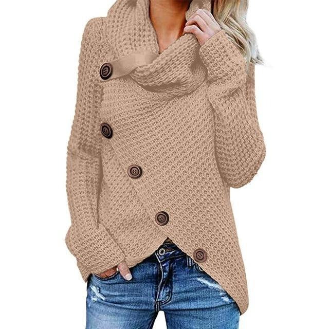 Women’s Sweater – Relaxed Fit – Waffle Knit – Cowl Neck – Button Front – Hip Length