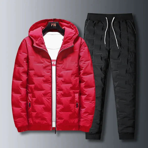 Men’s Two-Piece Hooded Jacket and Pants Set – Quilted – Regular Fit – Full Zip – Ribbed Cuffs