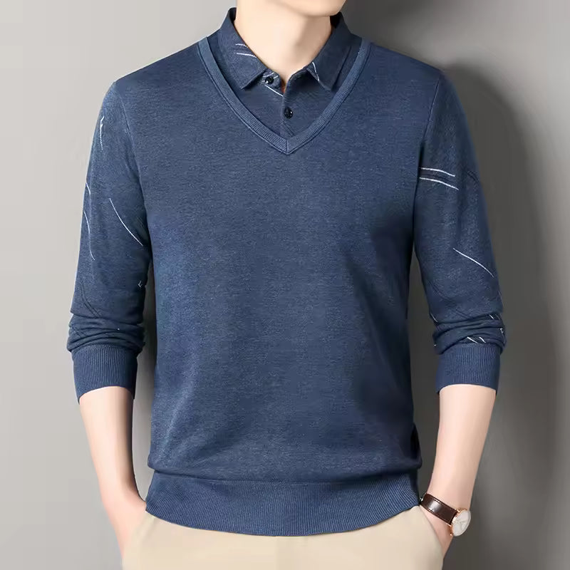 Men’s Pullover Sweater – Classic Fit – Fleece Lined – V-Neck with Polo Collar
