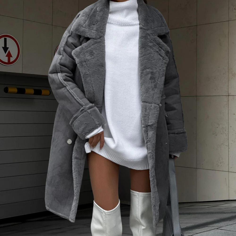 Women’s Long Coat – Oversized Fit – Plush Wool Feel – Wide Lapel – Full Length