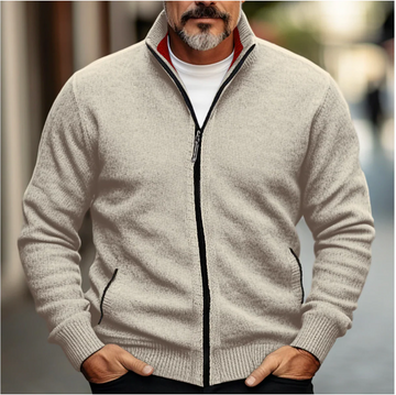 Men’s Zip-Up Cardigan – Soft Knit – Regular Fit – High Collar – Side Pockets