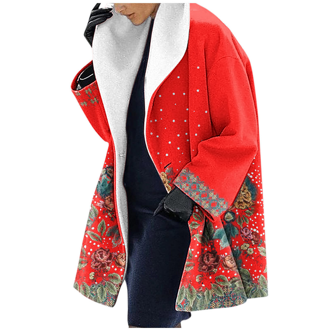 Women’s Hooded Jacket – Wool – Loose Fit – Mid-Length – Ethnic Print Shawl Collar