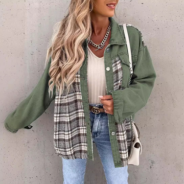 Women’s Denim Jacket – Relaxed Fit – Plaid Panel – Button-Down Long Sleeve