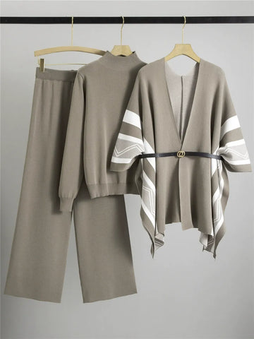 Women’s Knitted Lounge Set – Relaxed Turtleneck – Wide-Leg Pants – Belted Cardigan