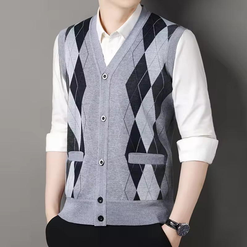 Men’s Knitted Vest – Slim Fit – Wool Blend – Checkered – Button-Up – Business Casual