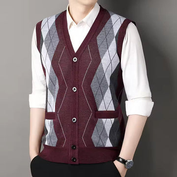 Men’s Knitted Vest – Slim Fit – Wool Blend – Checkered – Button-Up – Business Casual