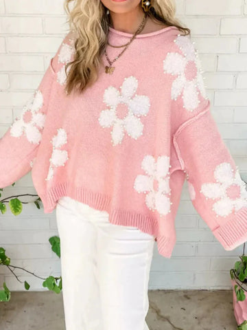 Women’s Pullover Sweater – Oversized Fit – Knit Cotton Blend – Beaded Floral Detail