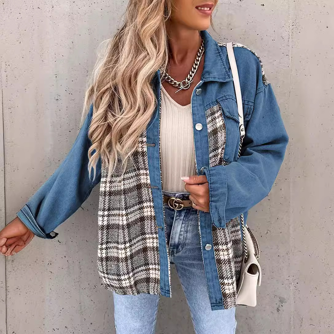 Women’s Denim Jacket – Relaxed Fit – Plaid Panel – Button-Down Long Sleeve