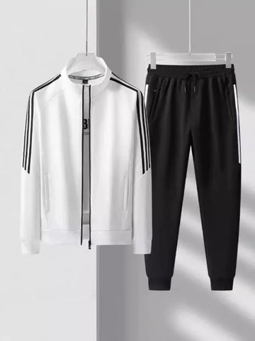 Men’s Two-Piece Tracksuit Set – Regular Fit – High Collar Zip Jacket – Tapered Joggers – Striped Trim