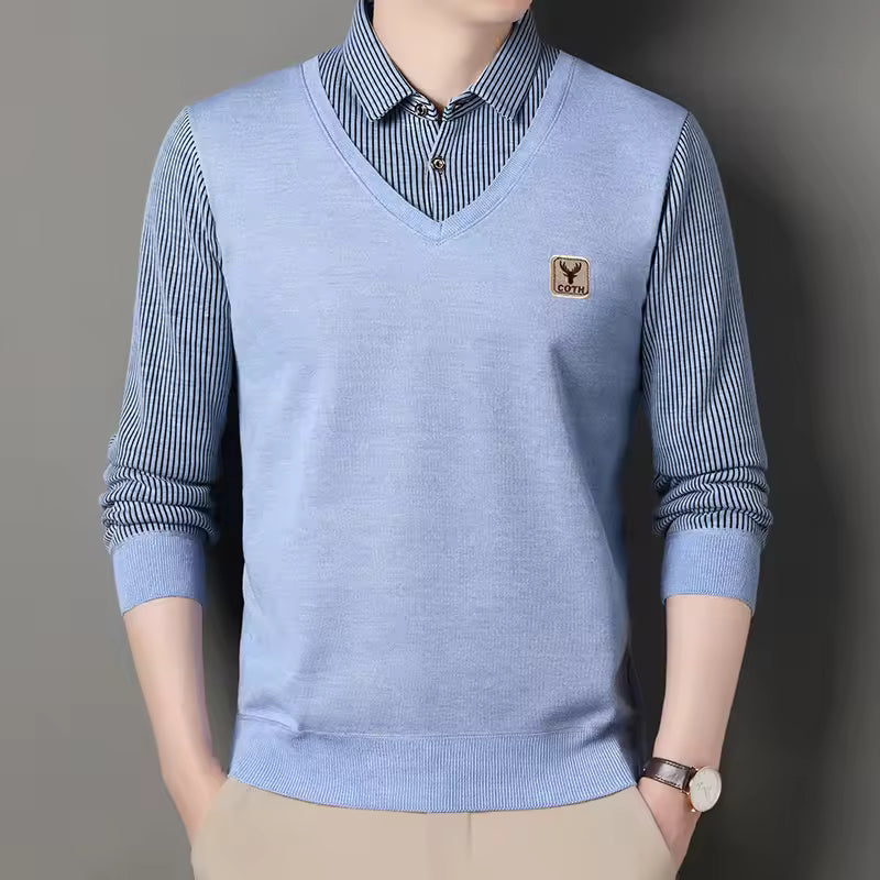 Men’s Pullover Sweatshirt – Slim Fit Knit – Faux Layered V-Neck – Plaid Sleeve Detail