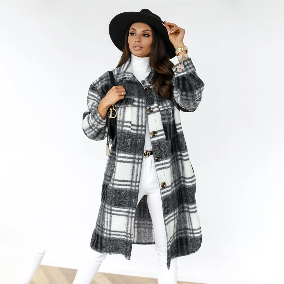 Women’s Long Coat – Relaxed Fit – Checkered Pattern – Wool Feel – Full Length