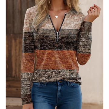 Women’s Long Sleeve Shirt – Knit Fabric – Zipper Collar – Spliced Print – Regular Fit