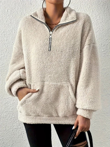 Women’s Fleece Sweatshirt – Oversized Fit – Half Zip – Stand Collar – Kangaroo Pocket