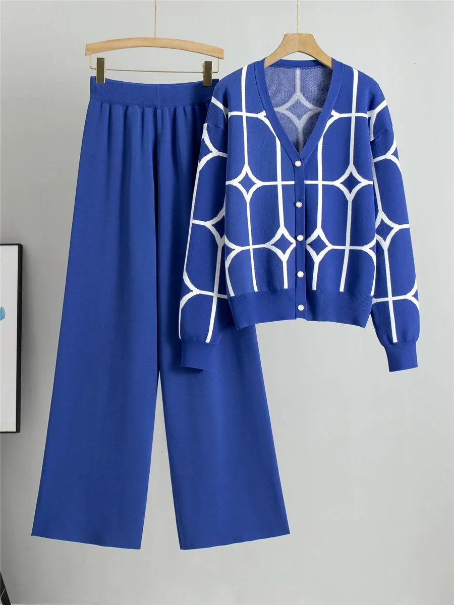 Women’s Two-Piece Knit Set – V-Neck Cardigan with Geometric Pattern – Wide-Leg Pants