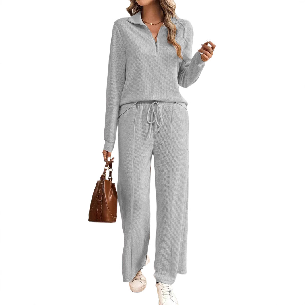 Women’s Two-Piece Suit – Relaxed Fit – Textured Knit – Zip Collar – Wide-Leg Trousers