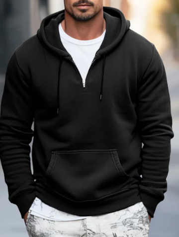 Men’s Hoodie – Relaxed Fit – Cotton Blend – Quarter Zip – Drawstring Hood