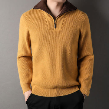 Men’s Pullover Sweater – Relaxed Fit – Ribbed Knit – Zip Standing Collar – Casual Layer