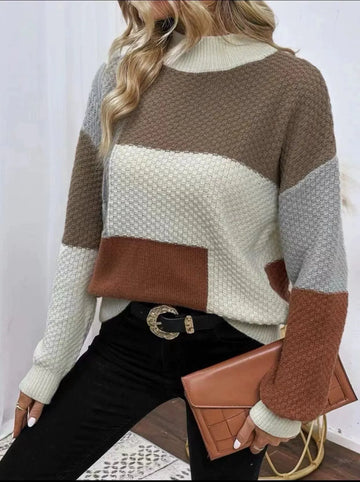 Women’s Pullover Sweatshirt – Relaxed Fit – Textured Knit – Ribbed Trim – Patchwork Design